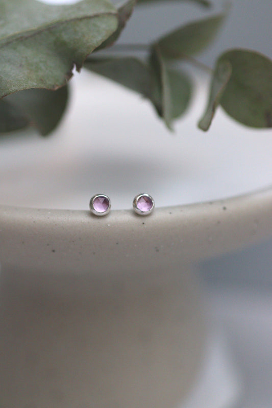 Rosecut Amethyst Silver Stud Earrings _ February Birthstone