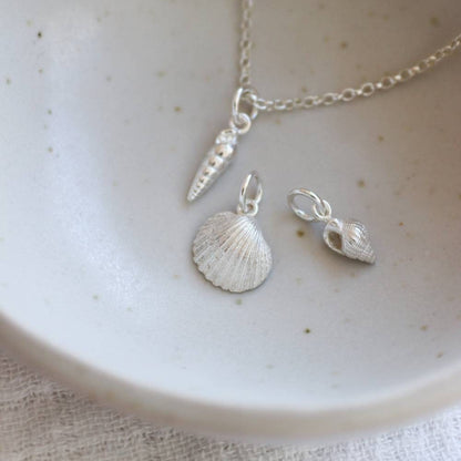 a group of 3 silver seashell charms in a dish. A spiral shell, a cornish cockle and a dorset whelk.